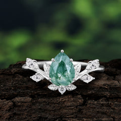 Nature-Inspired 6-Prong Teardrop Natural Moss Agate Engagement Ring