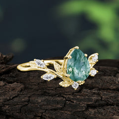 Nature-Inspired 6-Prong Teardrop Natural Moss Agate Engagement Ring