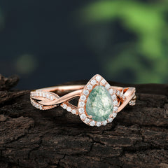 Dazzling 3 - Prong Pear-Cut Natural Moss Agate Engagement Ring