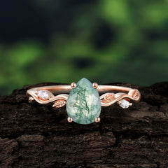 Nature-Inspired Classic 4-Prong Pear-Cut Natural Moss Agate Engagement Ring