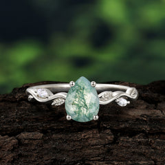 Nature-Inspired Classic 4-Prong Pear-Cut Natural Moss Agate Engagement Ring