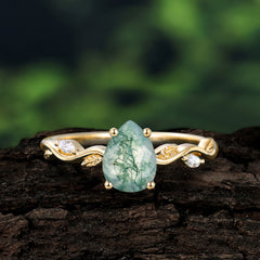 Nature-Inspired Classic 4-Prong Pear-Cut Natural Moss Agate Engagement Ring