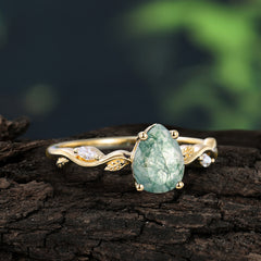 Nature-Inspired Classic 4-Prong Pear-Cut Natural Moss Agate Engagement Ring