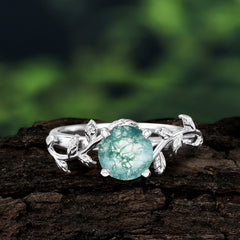 Nature-Inspired Classic 4-Prong Round Natural Moss Agate Engagement Ring