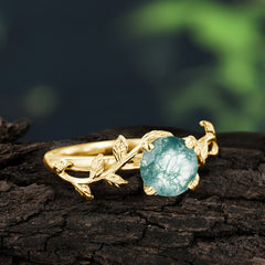 Nature-Inspired Classic 4-Prong Round Natural Moss Agate Engagement Ring
