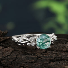 Vintage 4-Prong Round Cut Natural Moss Agate Engagement Ring