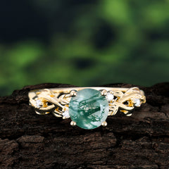 Vintage 4-Prong Round Cut Natural Moss Agate Engagement Ring