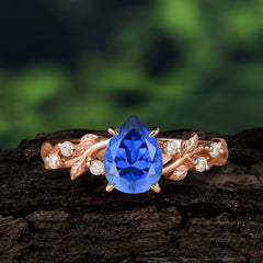 4 Prong Natural Inspired Ring Floral Sapphire Engagement Ring Pear Cut Ring