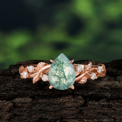 4 Prong Natural Inspired Ring Floral Natural Moss Agate Engagement Ring Pear Cut Ring