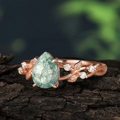 4 Prong Natural Inspired Ring Floral Natural Moss Agate Engagement Ring Pear Cut Ring