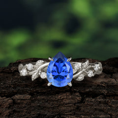 4 Prong Natural Inspired Ring Floral Sapphire Engagement Ring Pear Cut Ring