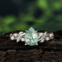 4 Prong Natural Inspired Ring Floral Natural Moss Agate Engagement Ring Pear Cut Ring