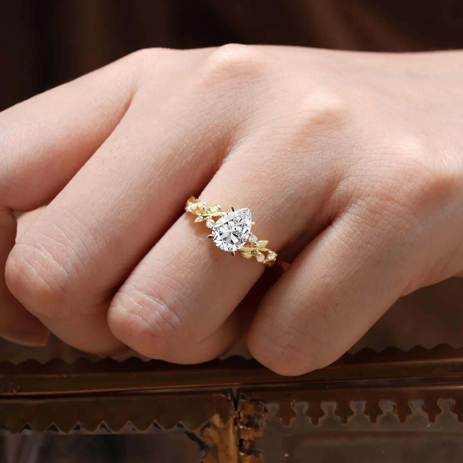 4 Prong Natural Inspired Ring Floral Moissanite Engagement Ring Pear Cut Ring
