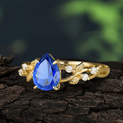 4 Prong Natural Inspired Ring Floral Sapphire Engagement Ring Pear Cut Ring