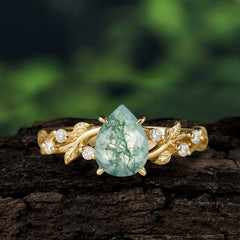 4 Prong Natural Inspired Ring Floral Natural Moss Agate Engagement Ring Pear Cut Ring