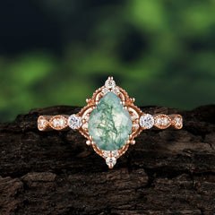 Antique Pear-Cut Natural Moss Agate Engagement Ring