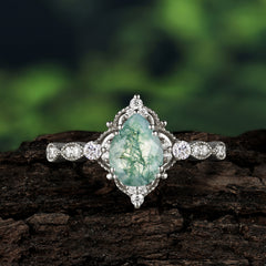 Antique Pear-Cut Natural Moss Agate Engagement Ring