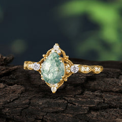 Antique Pear-Cut Natural Moss Agate Engagement Ring
