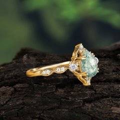 Antique Pear-Cut Natural Moss Agate Engagement Ring