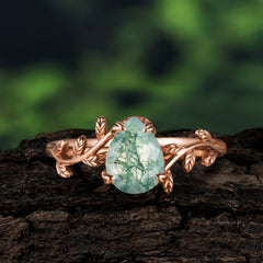 Organic Vine-Entwined 4-Prong Pear-Cut Natural Moss Agate Engagement Ring