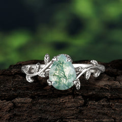 Organic Vine-Entwined 4-Prong Pear-Cut Natural Moss Agate Engagement Ring