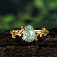 Organic Vine-Entwined 4-Prong Pear-Cut Natural Moss Agate Engagement Ring
