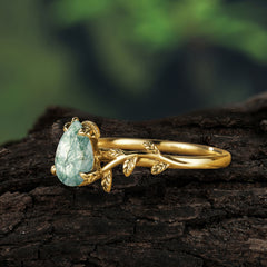 Organic Vine-Entwined 4-Prong Pear-Cut Natural Moss Agate Engagement Ring