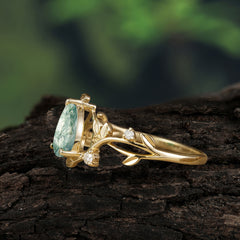Branch-Inspired 3-Prong Pear-Cut Natural Moss Agate Engagement Ring