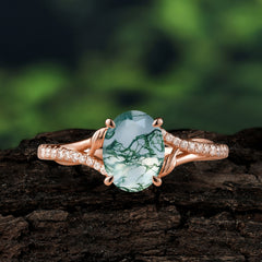 Luxury 4-Prong Oval Cut Natural Moss Agate Engagement Ring