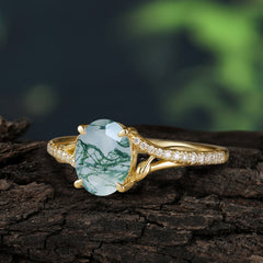 Luxury 4-Prong Oval Cut Natural Moss Agate Engagement Ring