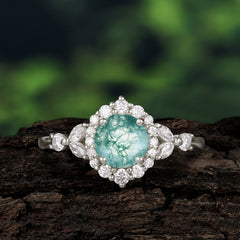 Luxury 4-Prong Round Natural Moss Agate Engagement Ring