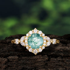 Luxury 4-Prong Round Natural Moss Agate Engagement Ring
