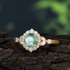 Luxury 4-Prong Round Natural Moss Agate Engagement Ring