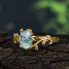 Nature Inspired 4 Prong Oval Cut Natural Moss Agate Wedding Ring