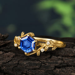 Luxury Nature-Inspired 6 Prong Hexagonal Sapphire Engagement Ring