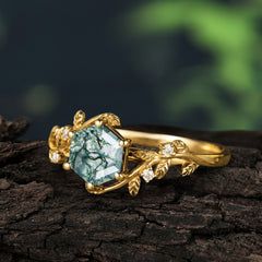 Luxury Nature-Inspired 6 Prong Hexagonal Natural Moss Agate Engagement Ring