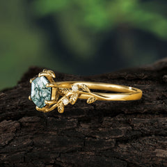 Luxury Nature-Inspired 6 Prong Hexagonal Natural Moss Agate Engagement Ring