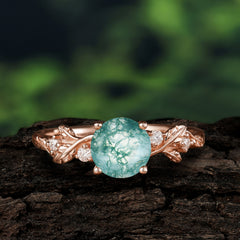 Heirloom-Grade 4 Prong Round Cut Natural Moss Agate Diamond Ring
