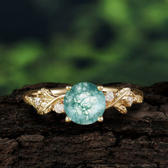 Heirloom-Grade 4 Prong Round Cut Natural Moss Agate Diamond Ring