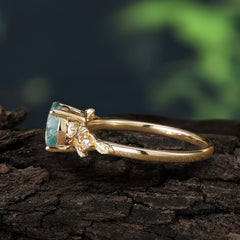 Heirloom-Grade 4 Prong Round Cut Natural Moss Agate Diamond Ring