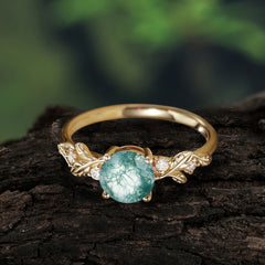 Heirloom-Grade 4 Prong Round Cut Natural Moss Agate Diamond Ring