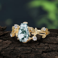 Nature Inspired 4 Prong Coffin-Cut Natural Moss Agate Engagement Ring