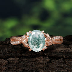 Nature Inspired 4 Prong Golden Vine Oval Cut Natural Moss Agate Ring