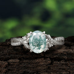 Nature Inspired 4 Prong Golden Vine Oval Cut Natural Moss Agate Ring