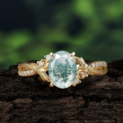 Nature Inspired 4 Prong Golden Vine Oval Cut Natural Moss Agate Ring