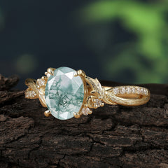 Nature Inspired 4 Prong Golden Vine Oval Cut Natural Moss Agate Ring