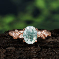 4 Prong Oval Natural Moss Agate Gold Ring for Timeless Love