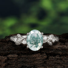 4 Prong Oval Natural Moss Agate Gold Ring for Timeless Love