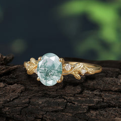 4 Prong Oval Natural Moss Agate Gold Ring for Timeless Love
