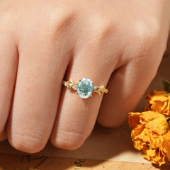 4 Prong Oval Natural Moss Agate Gold Ring for Timeless Love